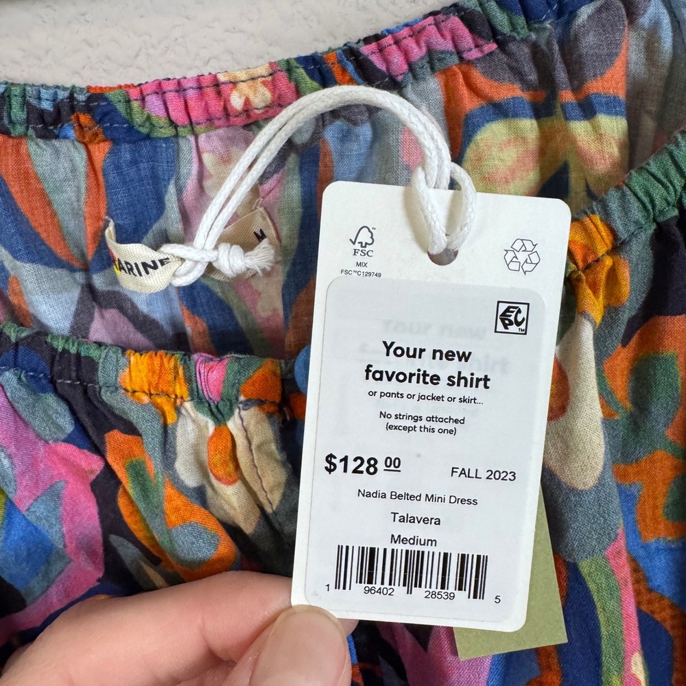 Marine Layer Nadia Belted Mini Dress Talavera Blue Floral Puff Sleeve Medium NWT - Picture 5 of 6